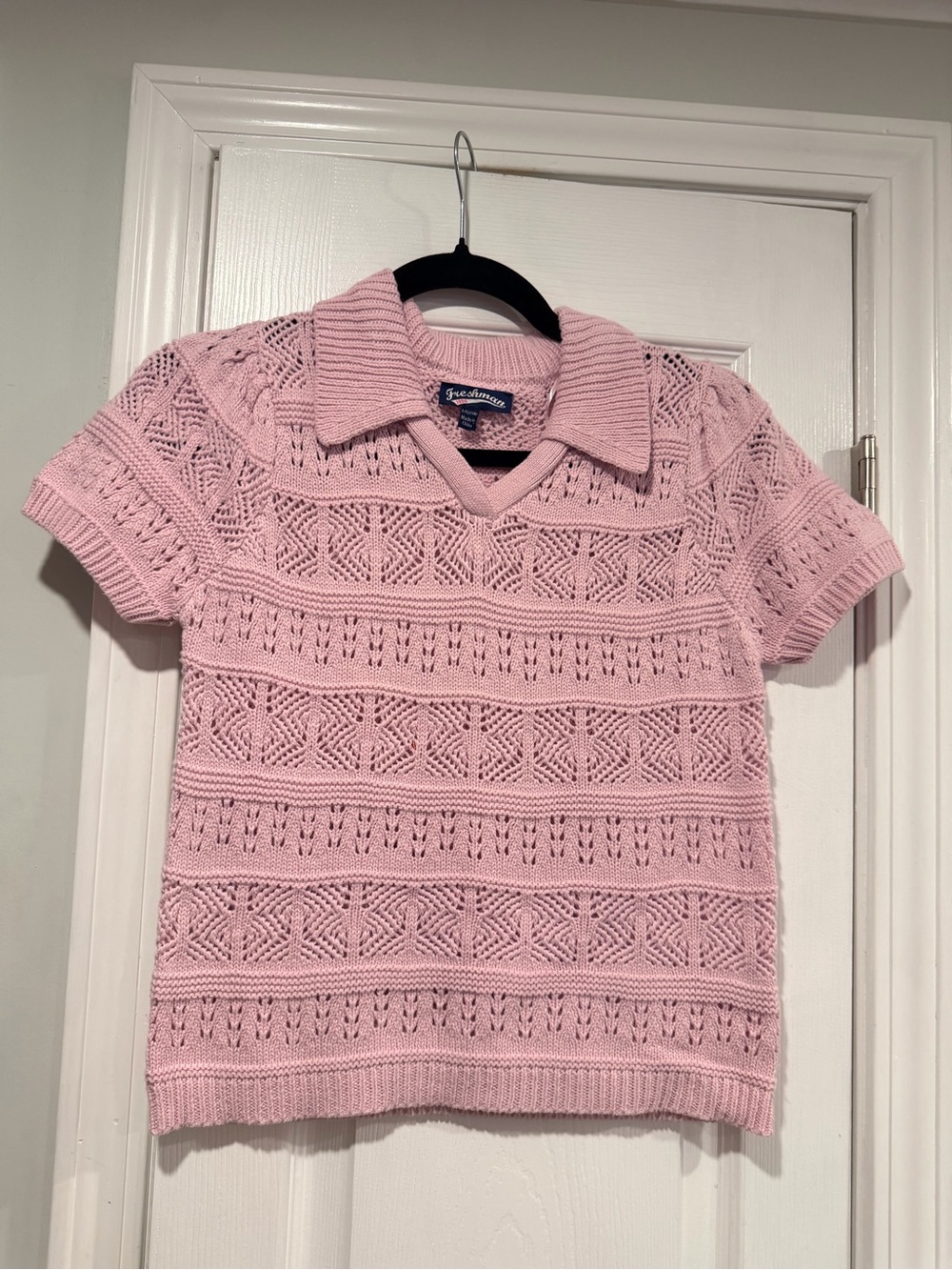 NWOT Freshman 1996 Size L Pink Pointelle Knit Sweater Polo Top Short Sleeve